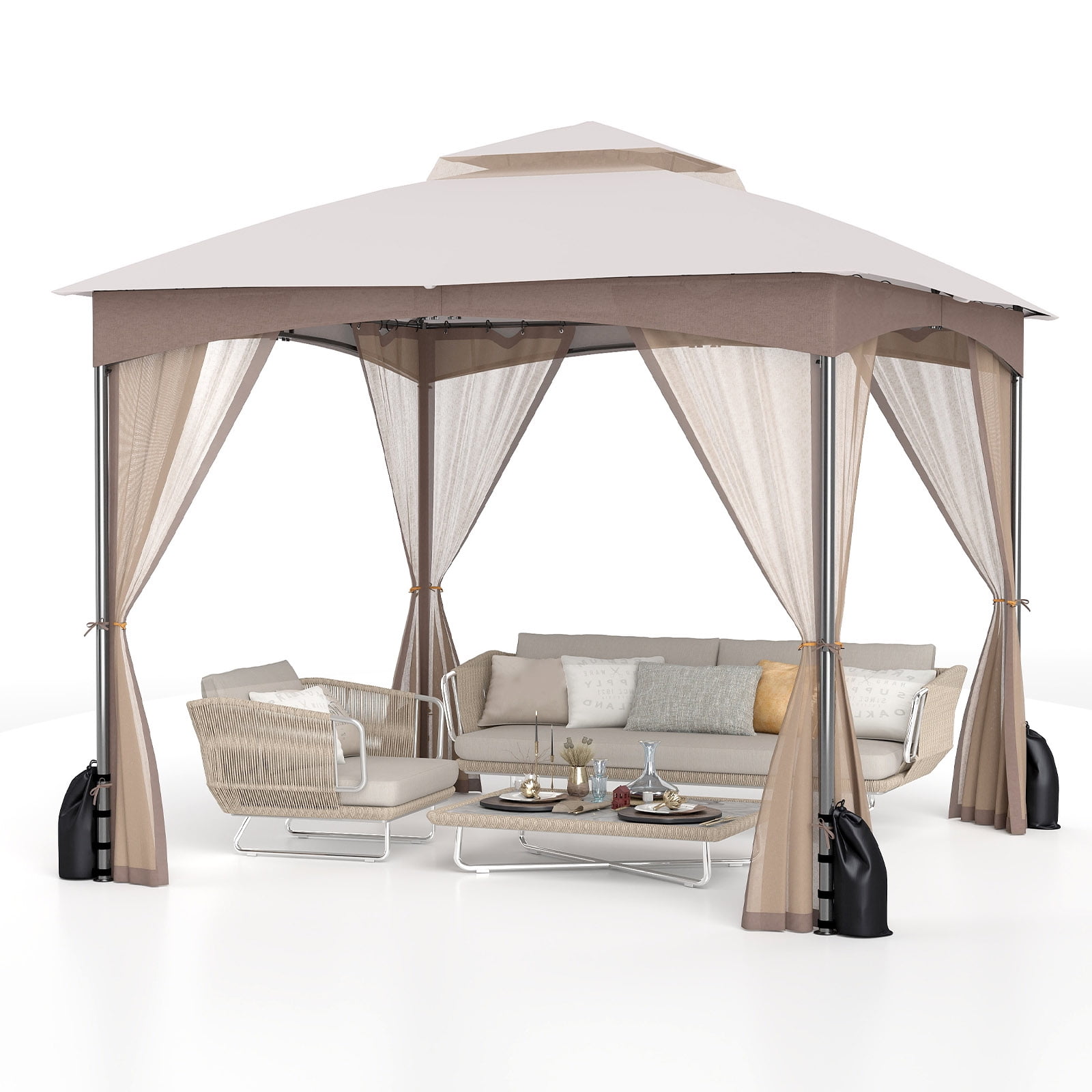 Gymax 10 X 10 FT Patio Gazebo w/ Netting Walls Soft Top Double Roof Canopy w/ 4 Sandbags Outdoor Gray