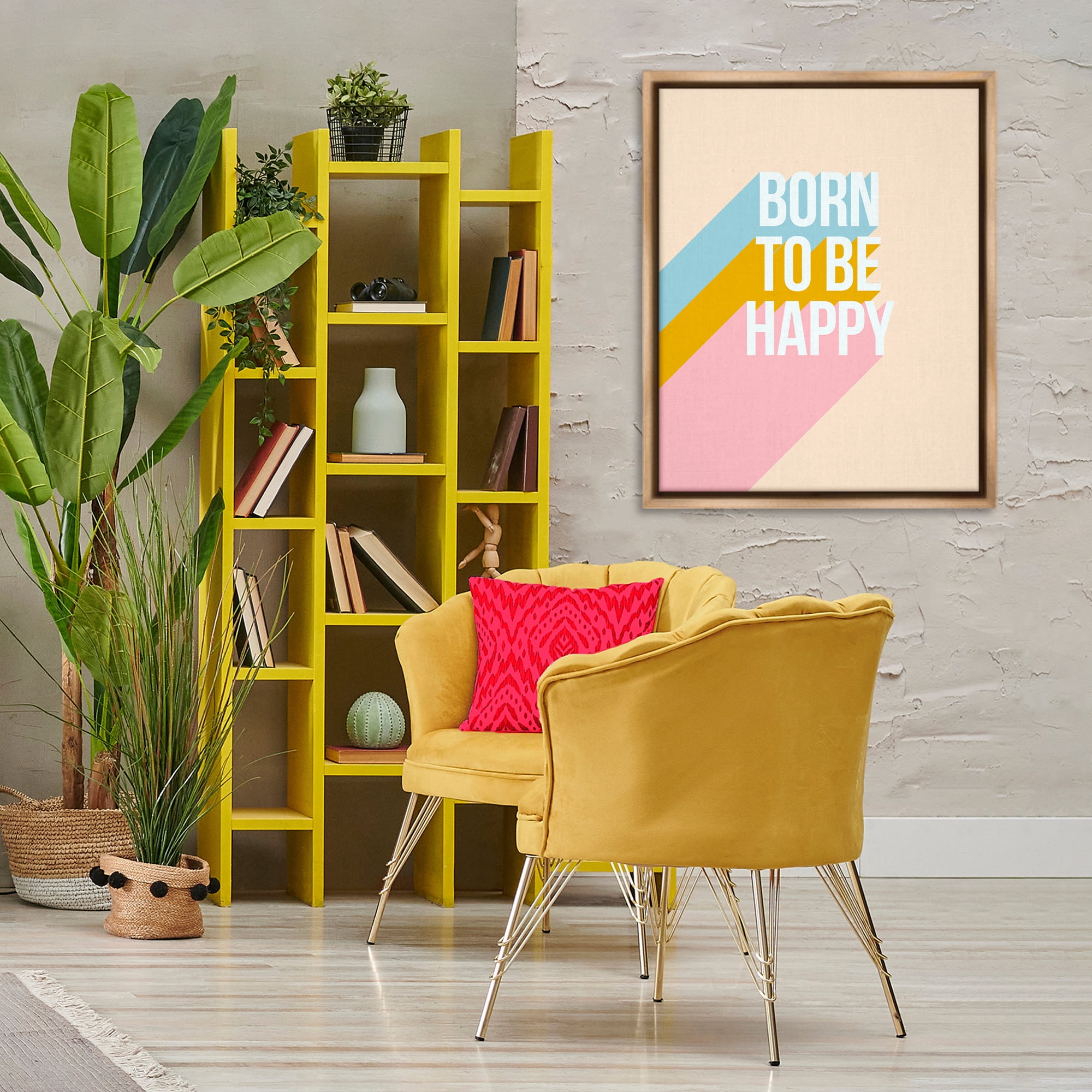 Stupell Industries Born To Be Happy Pastel Text & Numbers Painting Brown Floater Framed Canvas Art Print Wall Art, 25 x 31