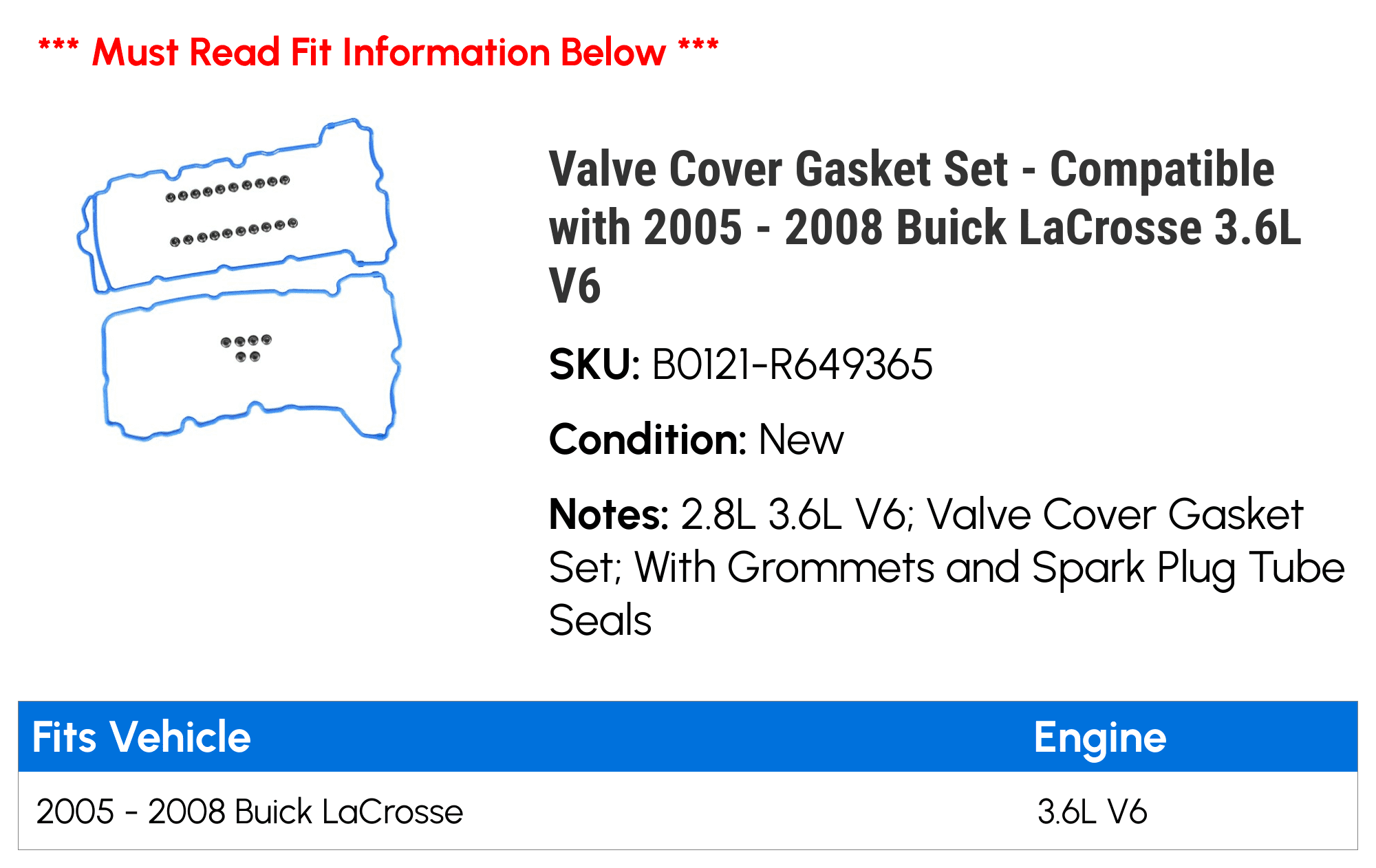 Valve Cover Gasket Set - Compatible with 2005 - 2008 Buick LaCrosse 3.6L V6 2006 2007
