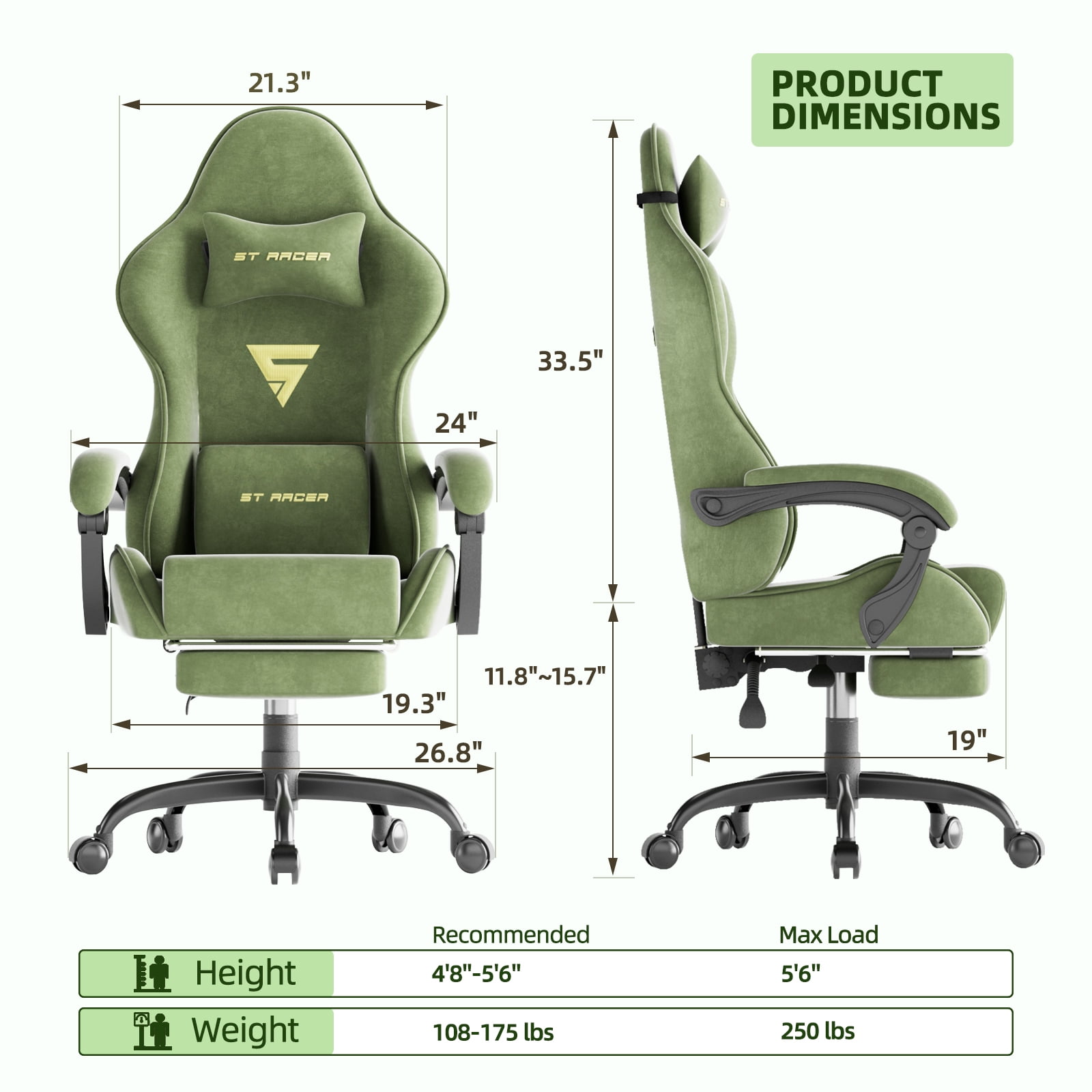 SOONTRANS Gaming Chair for Adult, Velvet Fabric High Back Gamer Game Chair with Footrest, Ergonomic Comfortable Computer Office Chair with Massage Lumbar Cushion, Reclining Leather Desk Chair, Green