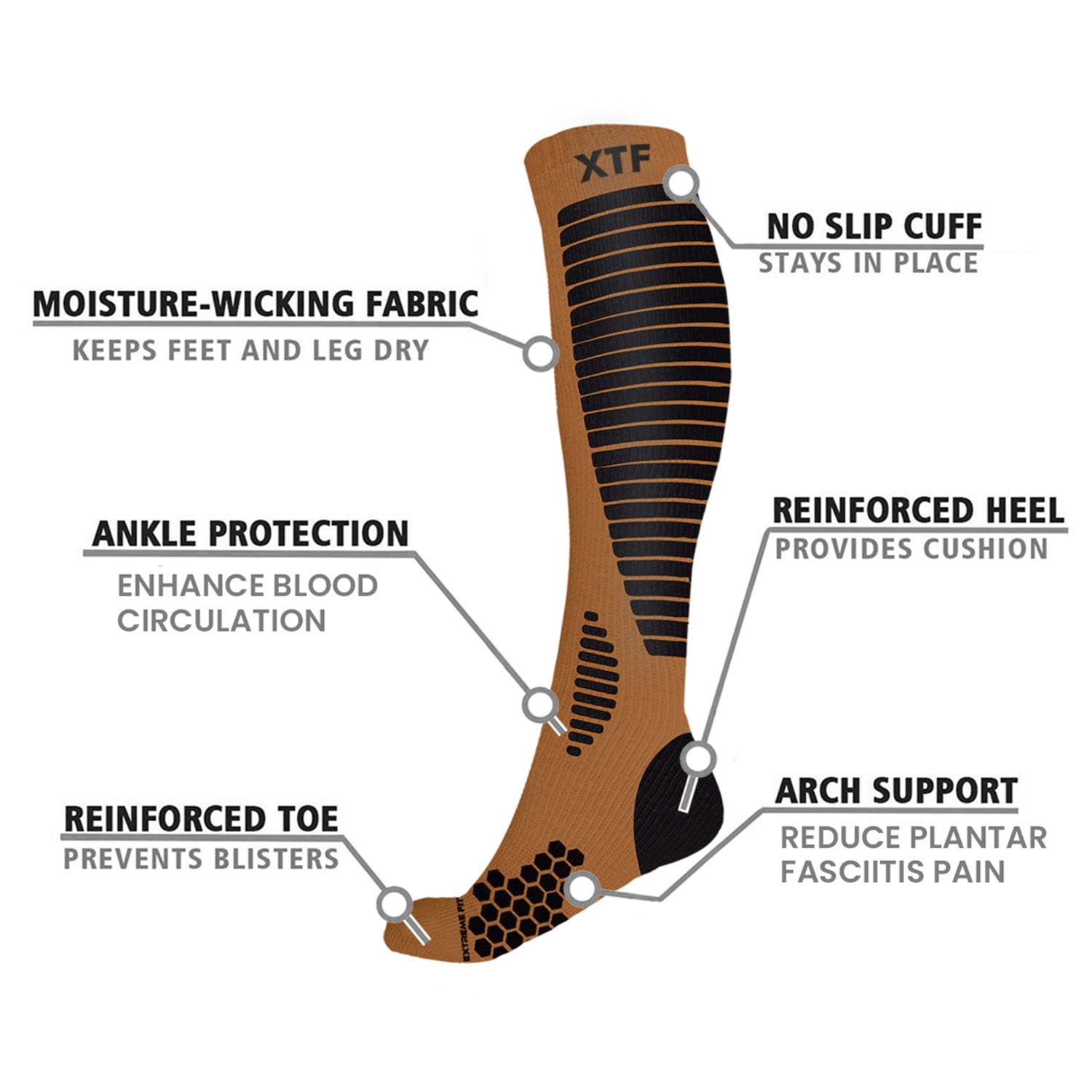 Copper Compression Socks - Knee High for Running, Athtletics, Travel - 6 Pair
