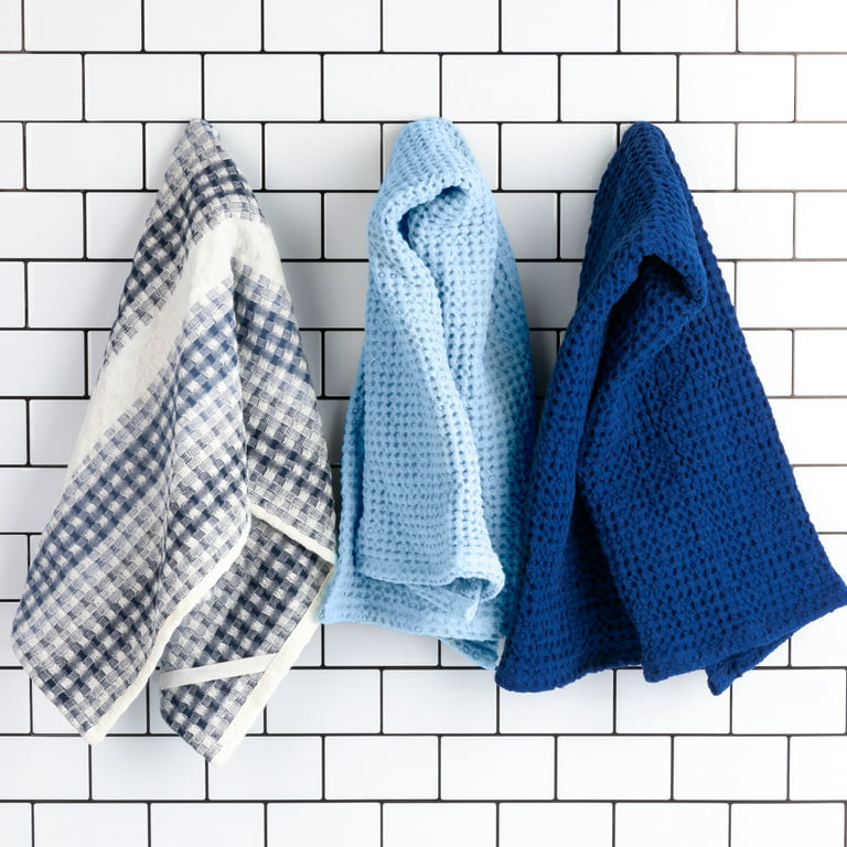 Cotton Kitchen Towels with Hanging Loop, Waffle Flat Terry Hand Towels Set of 4, Absorbent & Fast Dry Dishtowels 25x16 Stripe Plaid Multicolor Blue