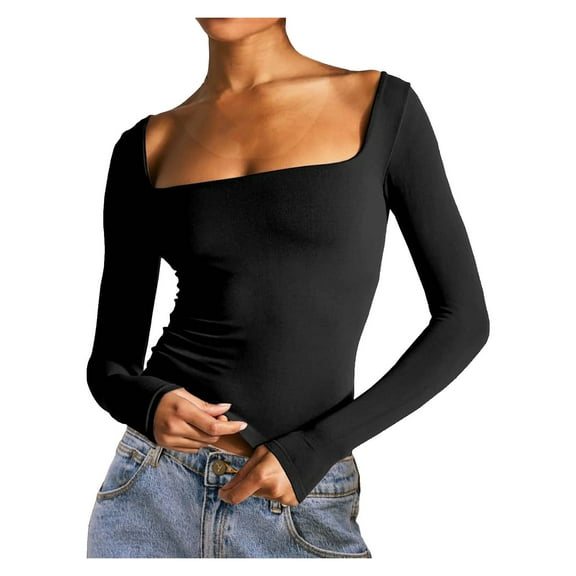 AXXD Womens Casual Tops Black Basic Summer 2024 Long-Sleeved Solid Color Navel-Baring Neck T-Shirt Bottoming Top