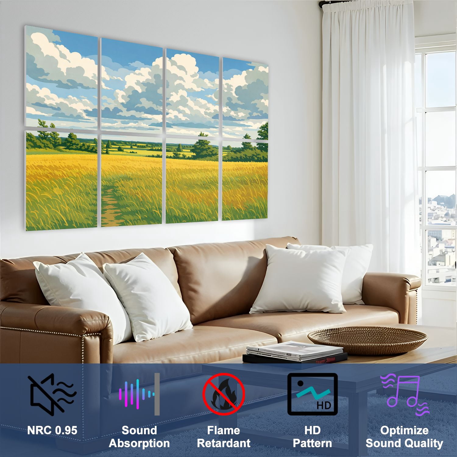 8 Pack Art Acoustic Panels Sound Absorbing An oil traditional English countryside view farm fields Decorative Soundproof Wall Panels Self Adhesive for Nursery Game Room Bedroom 48"x32"