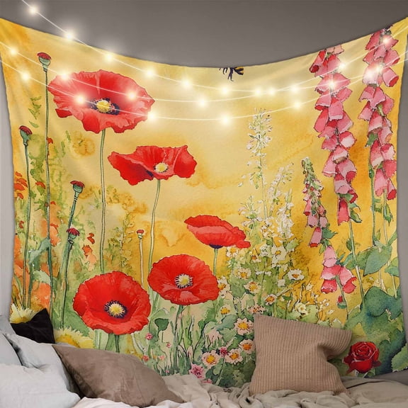 Poppy Botanical Large Tapestry for Bedroom Wall Hanging Tapestry, Vintage Floral Yellow Ombre Ceiling Backdrop Tapestries Poster Blanket Wall Decor for Teens Room Living Room Dorm 100" x 59"