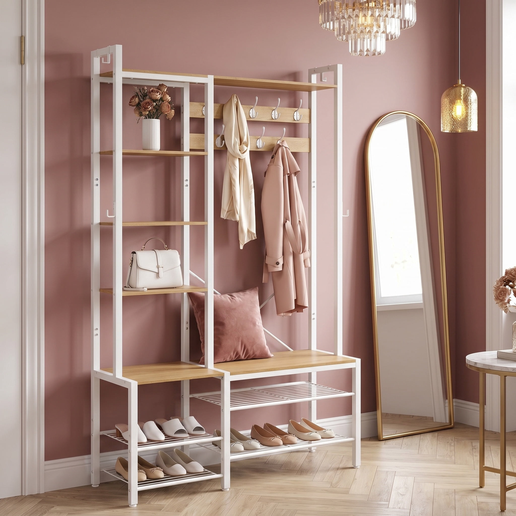 Nordic Hygge L-Shaped Corner Hall Tree with Bench & 5 Side Shelves, Golden Oak & Cloud White