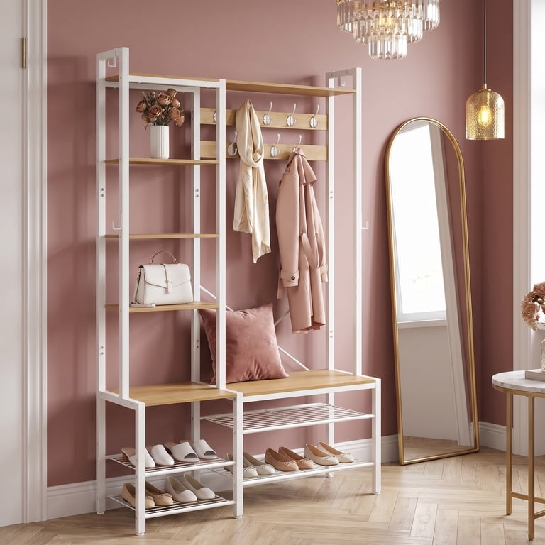 Nordic Hygge L-Shaped Corner Hall Tree with Bench & 5 Side Shelves