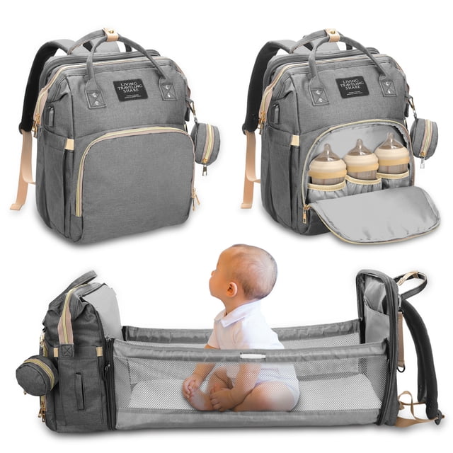 mochila Nuevo bolso de mamá multifuncional de gran capacidad plegable cuna bolsa de mamá cama moda mamá madre y bebé bolsa de fábrica mejorada gris- Meterk mochila
