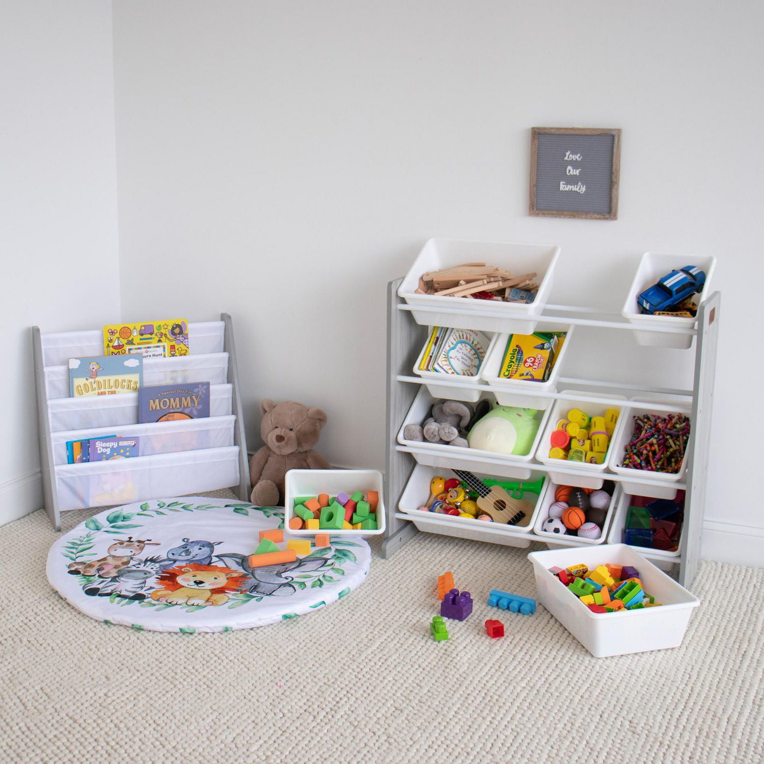 Humble Crew Slate Toy Storage Organizer with 12 Storage Bins, Grey Wood Grain/White