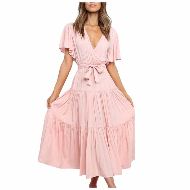 Gibobby Vestido casual de punto para mujer Vestido de empalme de manga acampanada con cordones y cuello en V de color sólido de moda informal para mujer(Rosa,XL)