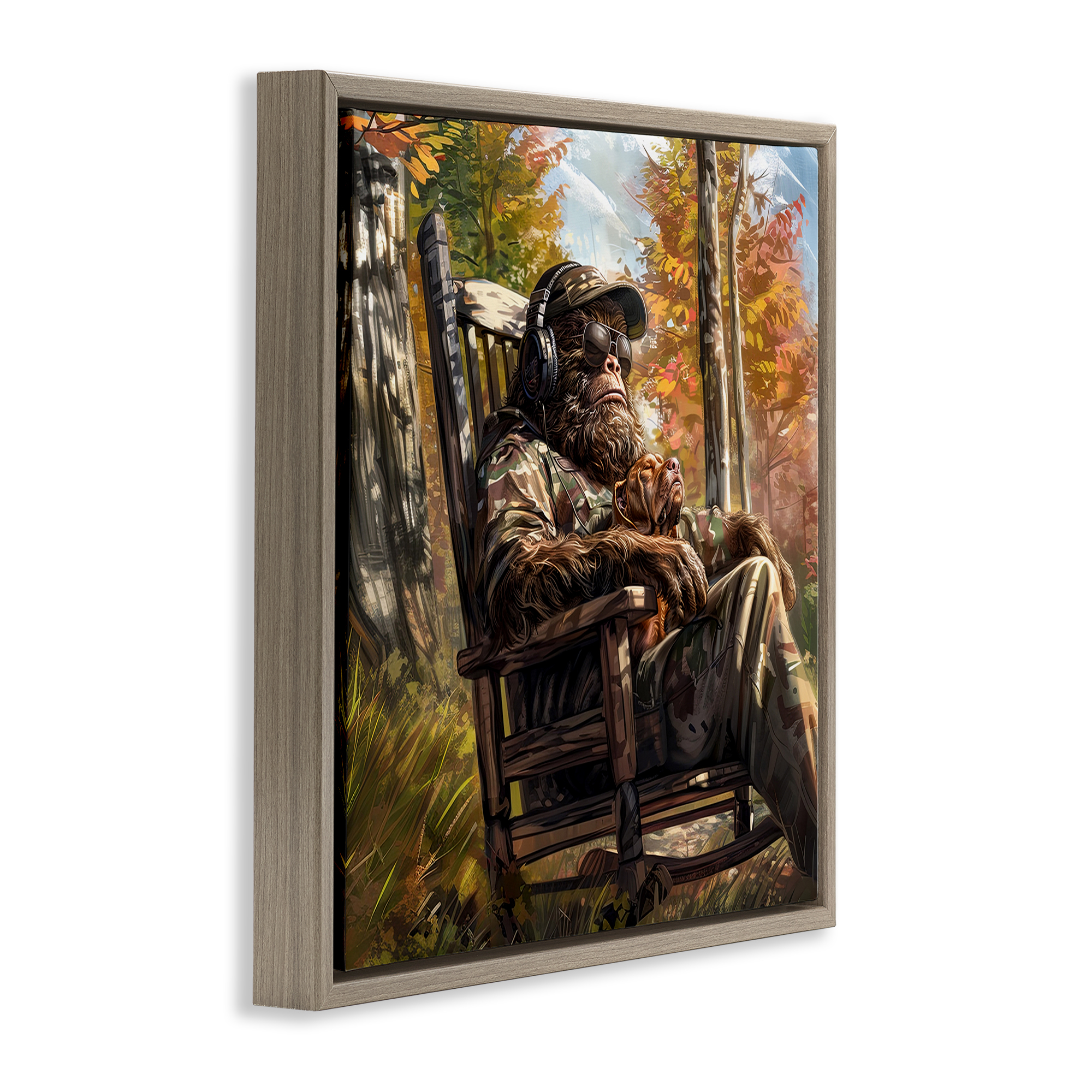 Mythical Creature with Headphones Brown Framed Floater Canvas Wall Art, design by Jim Baldwin