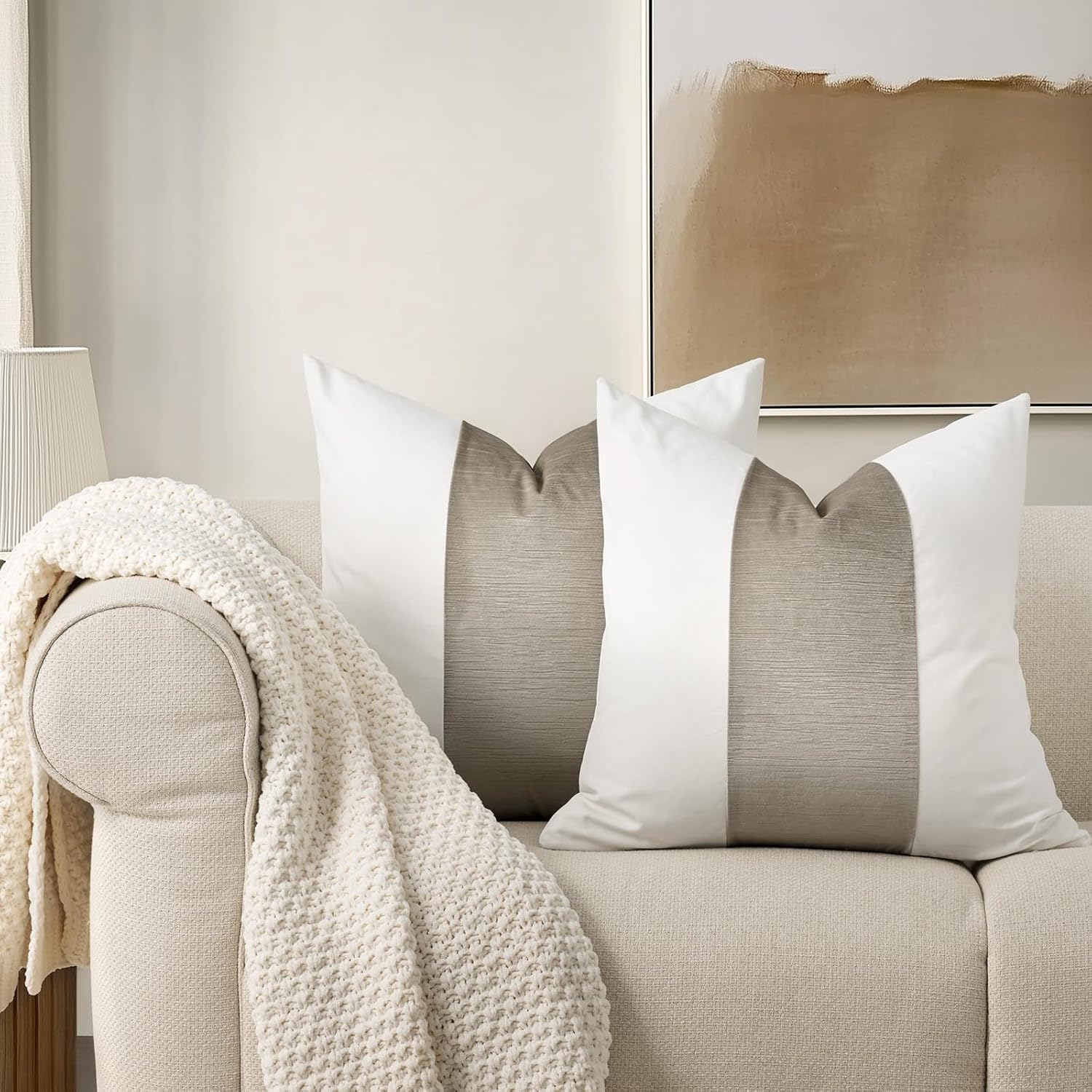 EVERGRACE Walsh Signature Velvet Panel Cotton Pillow Covers Set of 2, Decorative Pillow Covers 22"x22" for Couch, Square Cushion Cases for Sofa Bedroom Living Room, Sand Dune