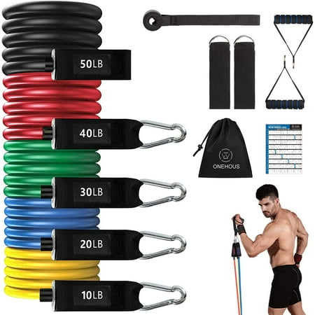 LNGOOR Resistance Bands Set - 11Pcs Elastic Workout Exercise Bands Stackable up to 150lb with Handles, Door Anchor, Ankle Straps for Yoga, Pilates, Slim, Crossfit Home Gym Equipment for Men/Women