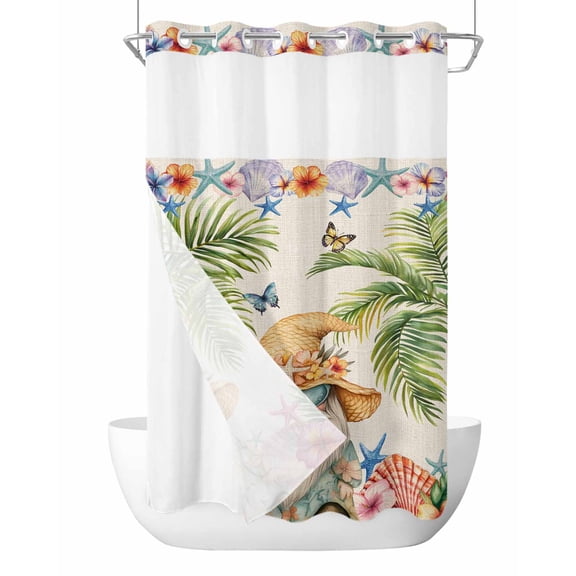 No Hook Cloth Fabric Shower Curtain with Snap in Liner, Ocean Gnomes Waterproof Shower Curtains Set with See Through Top Window, Coastal Shell Palm Leaf Shell Starfish Bath Curtains Shower 36"x78"