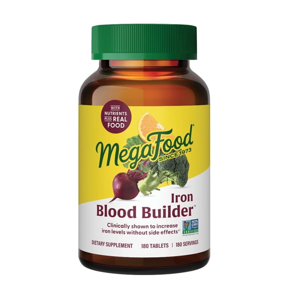 MegaFood Blood Builder Iron Supplement for Women - Vitamin C & B12 - Vegan - 180 Servings