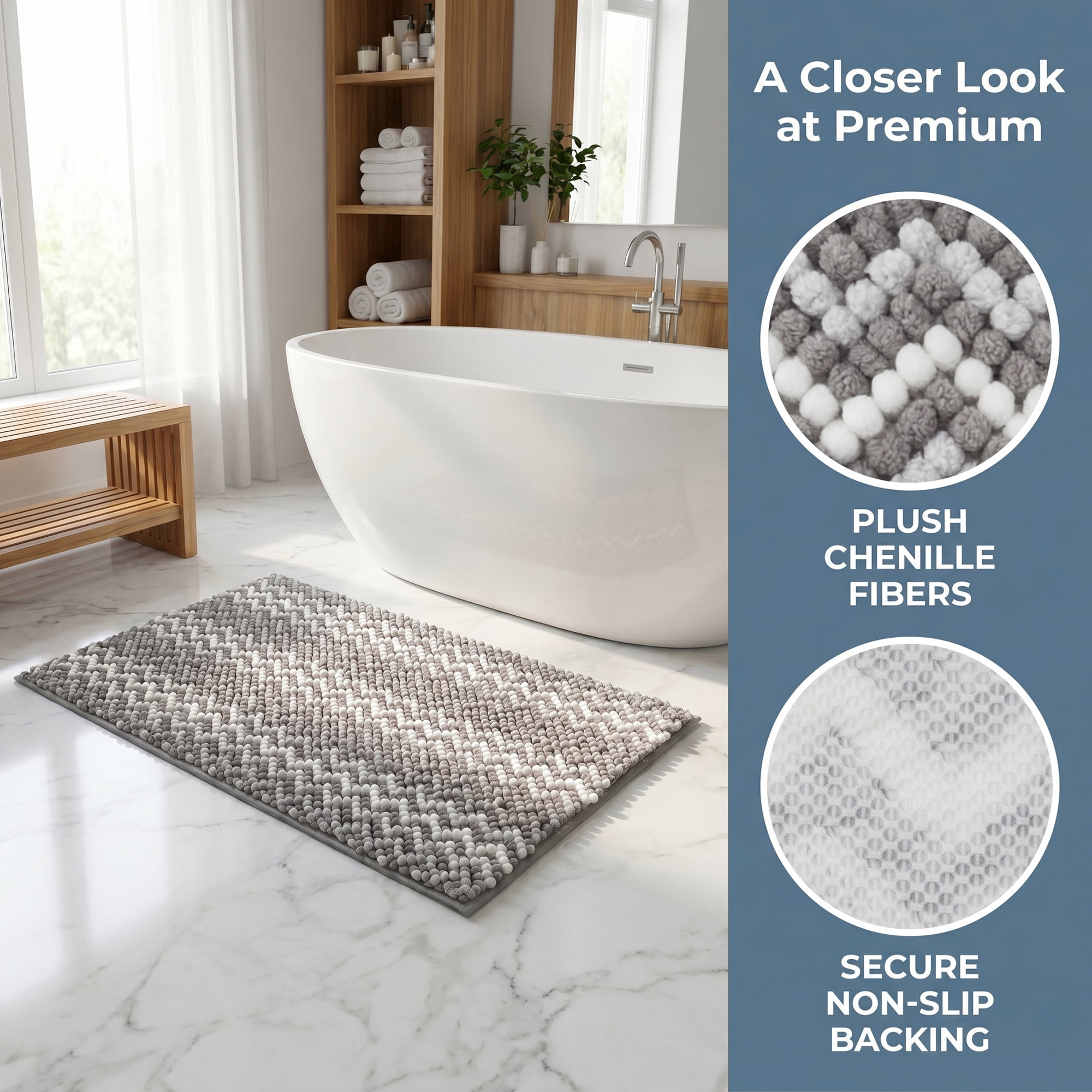 Unique Bargains Ultra Soft Non Slip Machine Washable Chenille Bath Mat Grey 32" x 20"