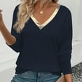 thumbnail image 6 of WHLBF Tops for Women Long Sleeve Fall Winter Classic Solid Color Gold V-neck Pullover T-shirt Navy S, 6 of 6