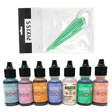 Ink Blending Tool - Favorites Collection 12 - Tim Holtz Alcohol Inks and Mixatives 7 Bottle Bundle, Cloudy Blue, Pink Sherbet, Peach Bellini, Cool Peri, Pistachio, Salmon, Pearl Mixative, 8X Pixiss Ink Blending Tool