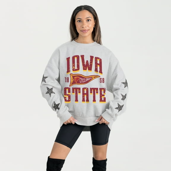 Women's Gameday Couture Ash Iowa State Cyclones Oversized Pennant Pride Rhinestone Star Sleeve Sweatshirt