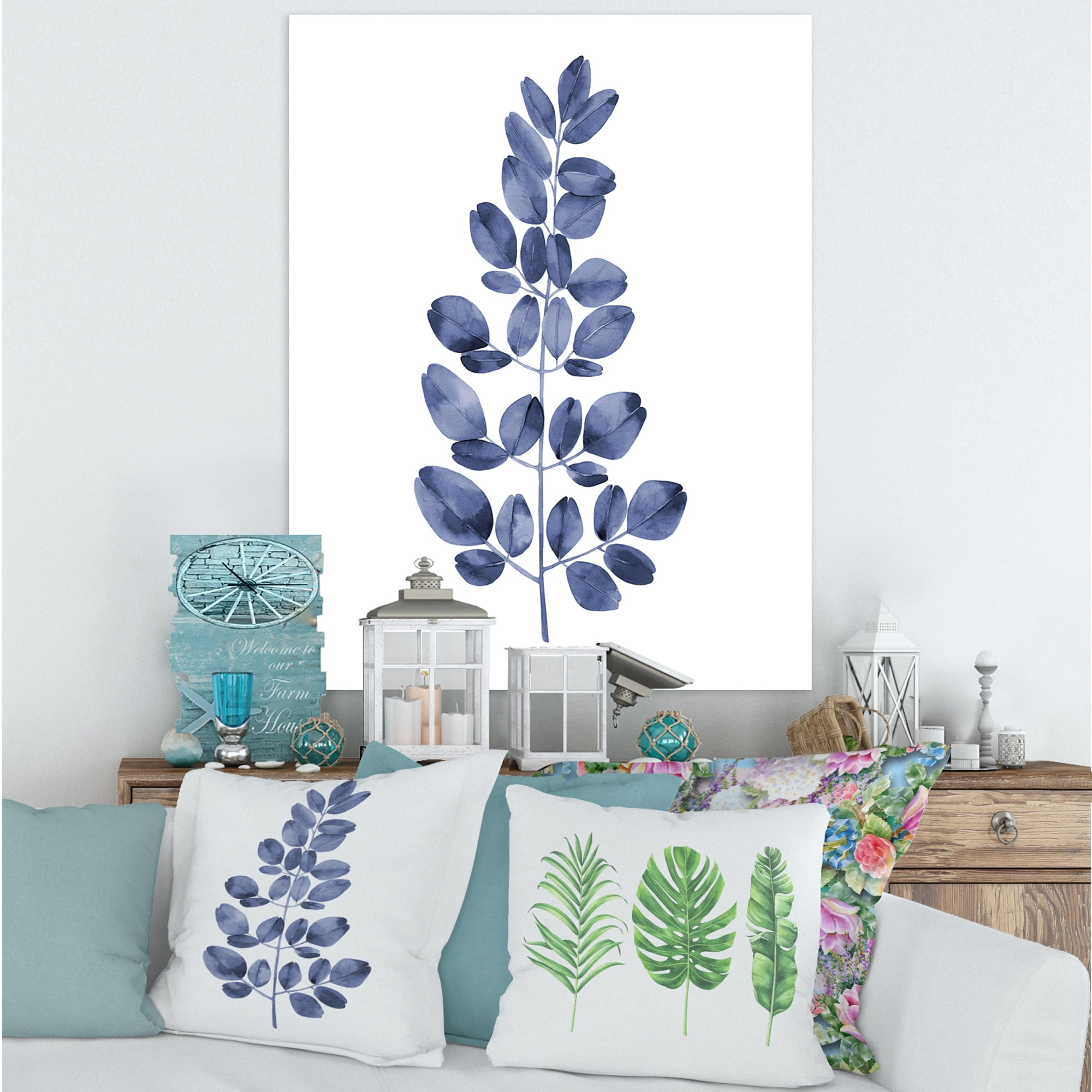 Designart ' Navy Blue Eucalyptus On White ' Traditional Canvas Wall Art Print