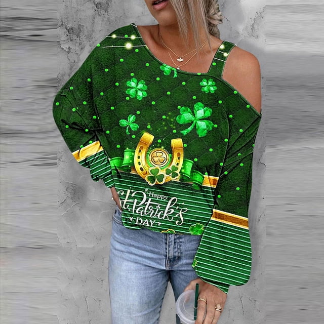 Hauts de Sortie pour Femmes Mode Chandail Imprimé de la Saint-Patrick pour Femmes Chemise à Épaules Dénudées Graphique à Manches Longues