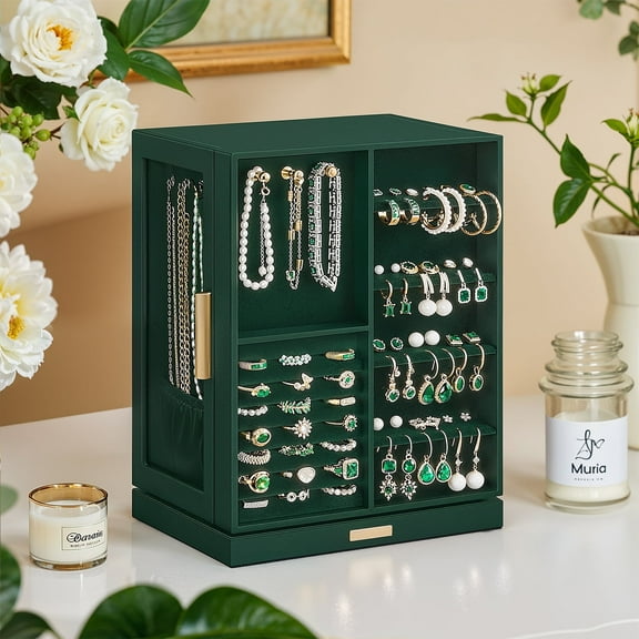 LEDREM 360° Rotating Jewelry Organizer with 5 Drawers & 18 Necklace Hooks, Vertical Storage, Glass Window, Velvet Lining, Giftable Jewelry Box , Forest Green