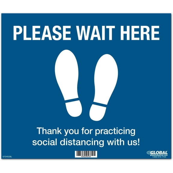 Global Industrial Blue Please Wait Here Floor Sign 14""W x 12""H Vinyl Adhesive