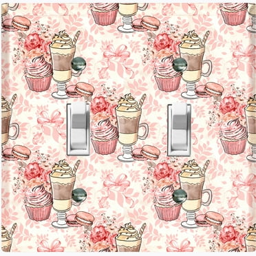 Metal Light Switch Wall Plate Outlet Cover (Coffee Mocha Espresso Chocolate Shake Cupcake Macaron Flower Bouquet Pink Bow - Double Toggle)