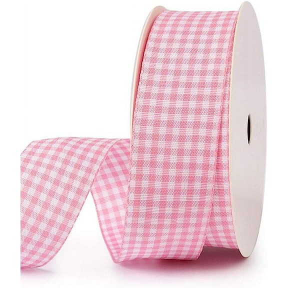 ERDOUY Gingham Ribbon Checkered Ribbon 1-Inch Wide Taffeta Plaid Ribbon 25 Yard Long 100% Polyester Woven Edge (Baby Pink, 1 Inch)