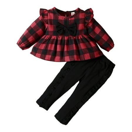 

KIMI BEAR Newborn Girls Outfits 9 Months Newborn Girls Autumn Outfits 12 Months Newborn Girls Sweet Plaid Long Sleeve Top + Black Pants 2PCs Set Red