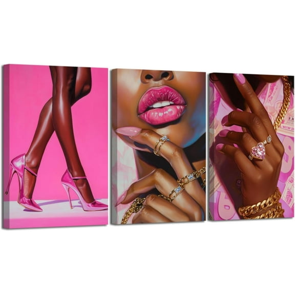 Hieng 3 Pieces Pink Black Women Wall Art African American Pictures Fashion Black Girl Canvas Prints Sexy High Heels Lips Paintings for Bedroom Decor Unframed