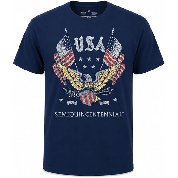 USA Semiquincentennial 250th Anniversary 1776–2026 Eagle & American Flags Graphic T-Shirt, Patriotic Independence Celebration Tee, Unisex Adult Navy, Large