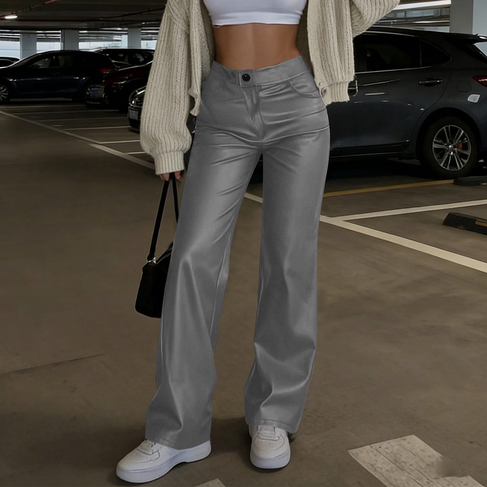 Moxiu Women's Casual Faux Leather Straight Leg Trousers High Waisted Button Elastic Loose Pants for Party Club Date Night Gray,XL