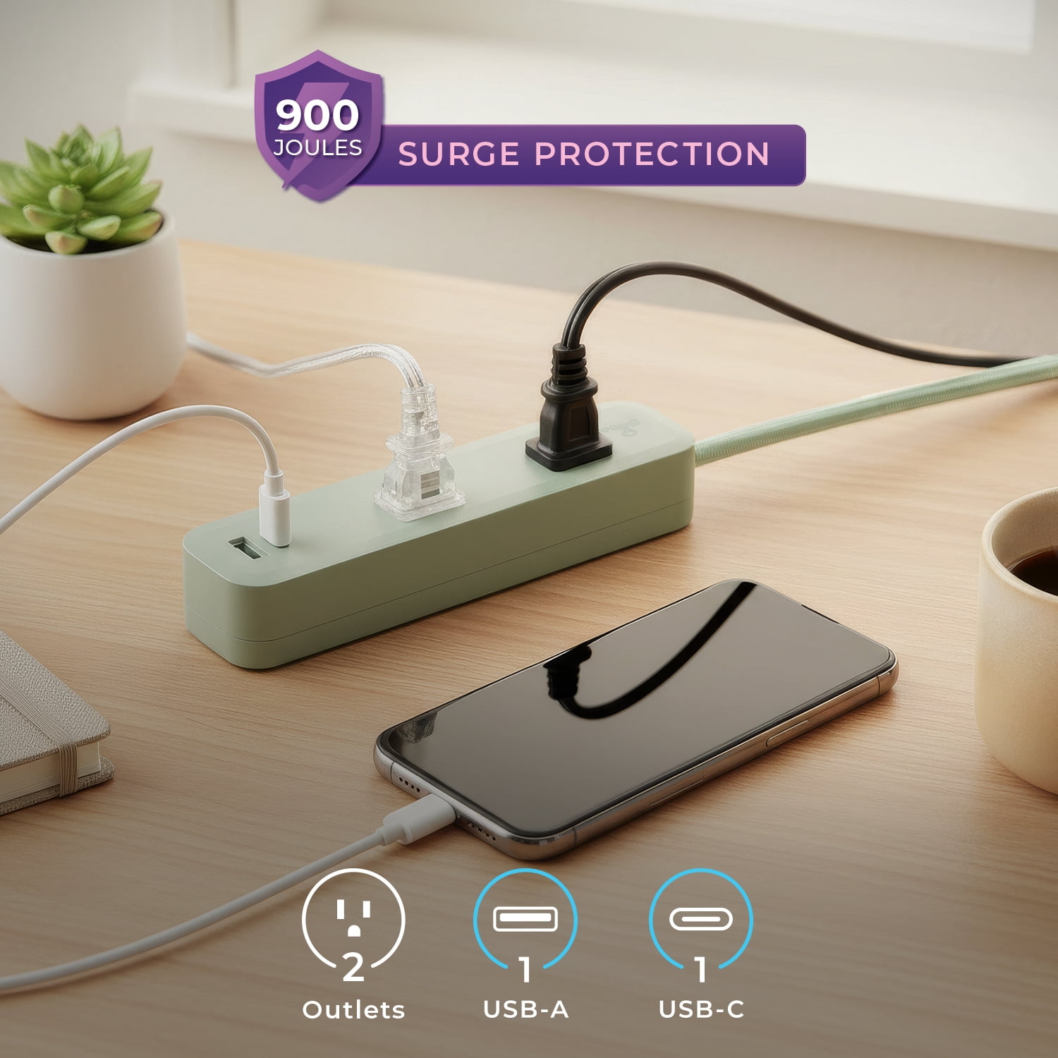Globe Electric Surge Protector Power Strip, 900J, USB-A and USB-C, 6 ft, Cool Toned Green