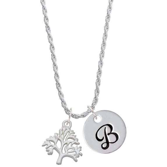 Delight Jewelry Silvertone Medium Tree of Life Silvertone Script Initial Disc - B - Charm Necklace, 20"+3"