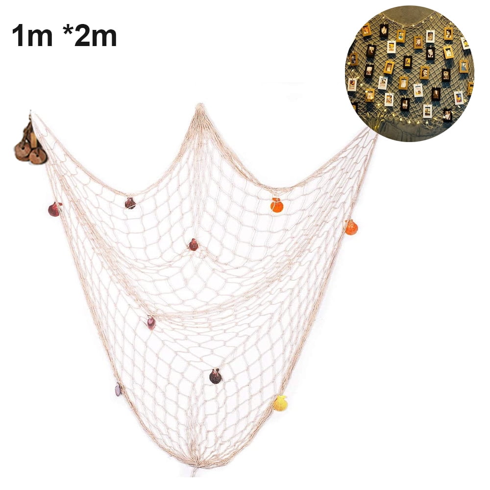 Nautical Decorative Fishing Net Wall Hangings Decor with Stars, Lifebuoy  and Anchor Ornaments,1*2mWhite 