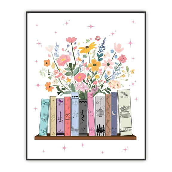 Music Wall Art Print, Taylor Inspired Decor, Floral Book Stack Wall Art, Girls Room Decor, Woman Bedroom Wall Decor, Aesthetic Bathroom Decor, Unframed Print (11"X14")