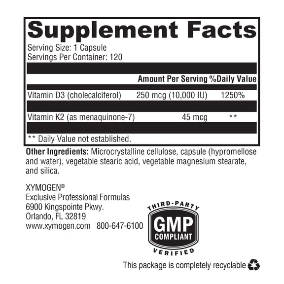 XYMOGEN K2-D3 10000 - Vitamin D3 K2 - Bioavailable Vitamin D 10,000 IU (Cholecalciferol) with Vitamin K2 MK-7 - Heart, Arterial, Bone Health   Immune Support Supplement (120 Capsules)