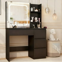 VEANERWOOD 37” W Makeup Vanity Desk with Sliding Mirror and Lights, Modern Makeup Table with Glass Door Cabinet, Charging Station and 4 Drawers for Bedroom