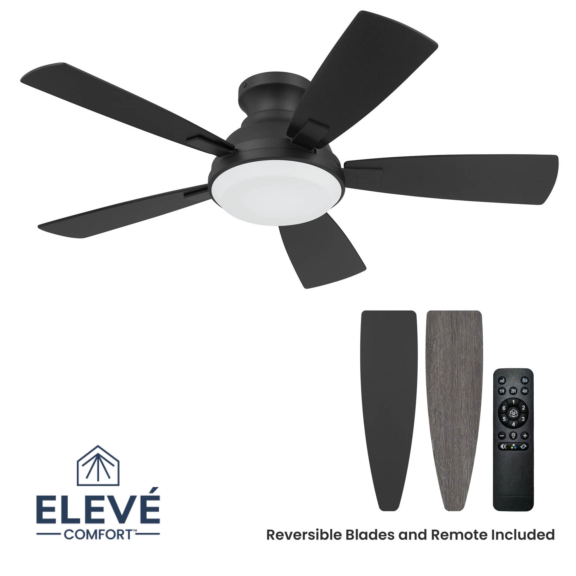 Matte Black 44 Inch Low Profile 5 Blade Indoor Ceiling Fan, Ideal for Bedrooms and Living Rooms, Quiet DC Motor, LED Light with Remote, Eleve Comfort