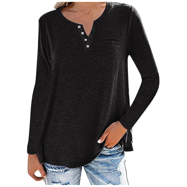 Gibobby Blusa Termica Blusa Mujer Casual Color Soild Long Fashion T-shirt Collar Tops Manga Mujer Blusa(Negro, L)