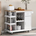 thumbnail image 3 of Kitchen Island Cart with Side Storage Shelves, Rubber Wood Top and Adjustable Storage Shelves, Kitchen Storage Cabinet with Wine Rack, 3 of 9