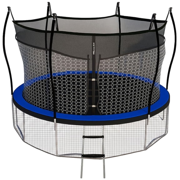 Bounce Pro 14ft Kinertial Trampoline Set with Double-Net Enclosure, Curved Poles, 360° Undermat Net & Ladder