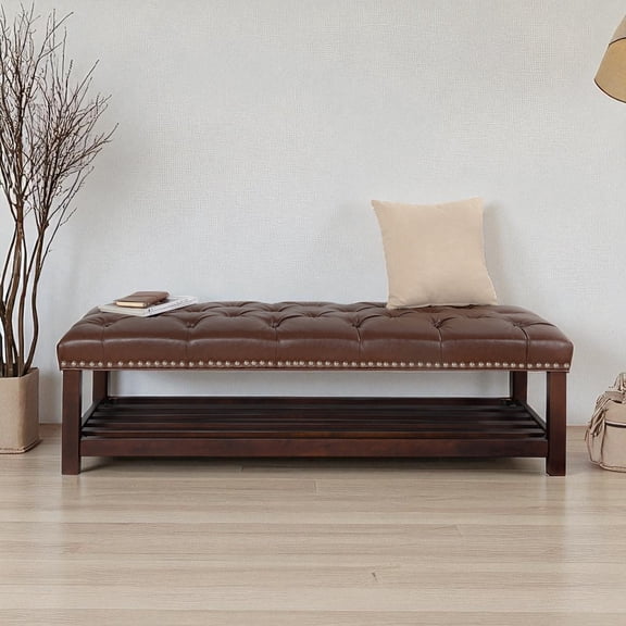 GZXS 60" Upholstered PU Leather Bench with Padded Seat and Storage Shelf, Nailhead Trim, Solid Wood Legs, Weight Capacity 220 lbs, Bedroom or Hallway Footstool (Dark Brown)
