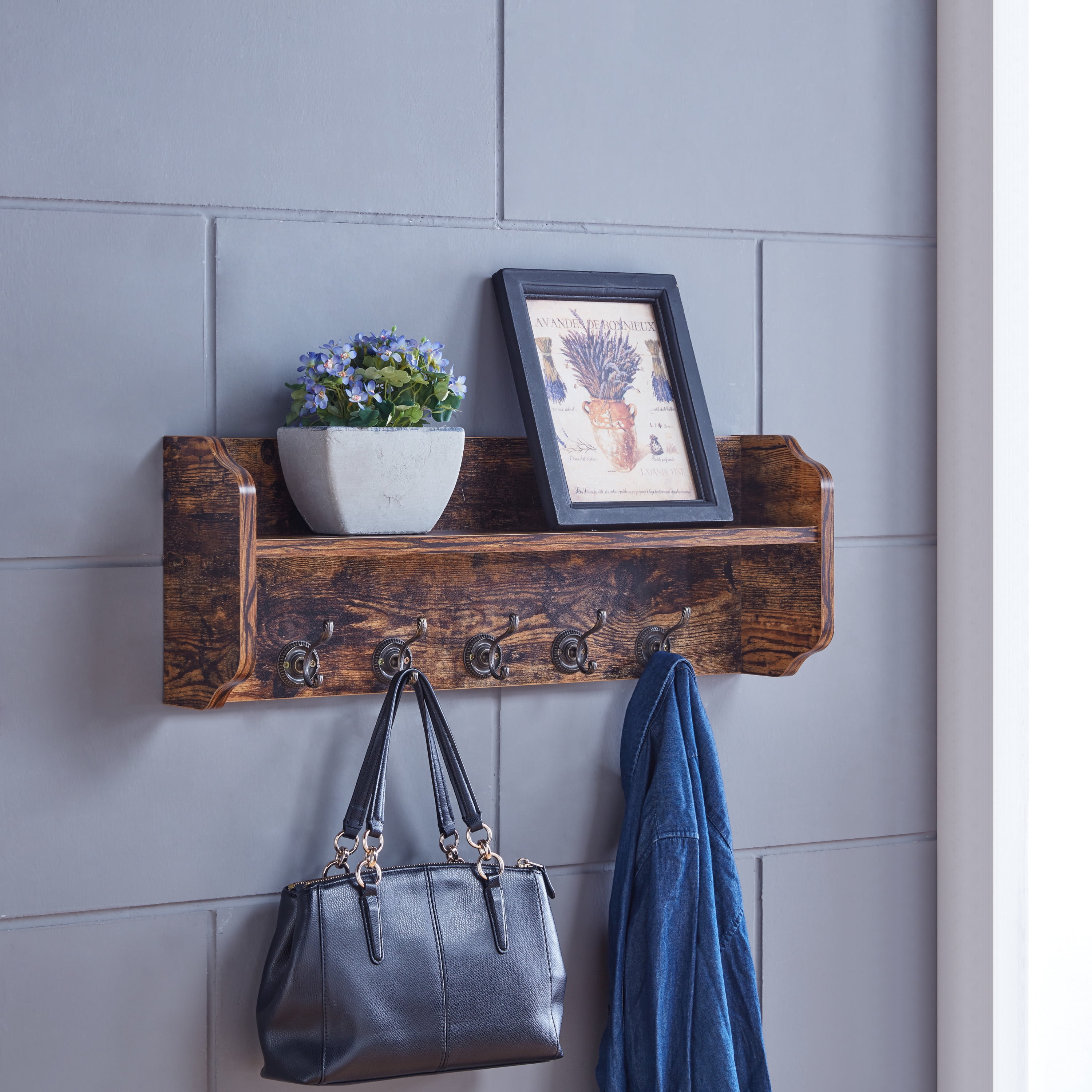 Danya B. Contemporary 5.5" x 25" Medium Distressed Pine Brown MDF Floating Entryway Shelf with Hooks