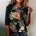 thumbnail image 2 of Domzest Womens Boho Floral Print Tops Elbow Length Loose Fit Lightweight Shirts Half Sleeve Summer Fall Crew Neck Basic Blouse Black M, 2 of 6