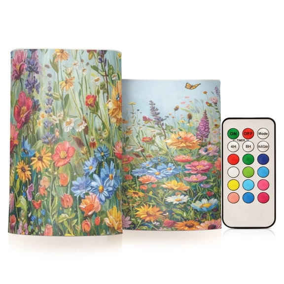 Spring Floral Flickering Flameless Candles Battery Operated with Remote Timer LED Pillar Candles Set of 2