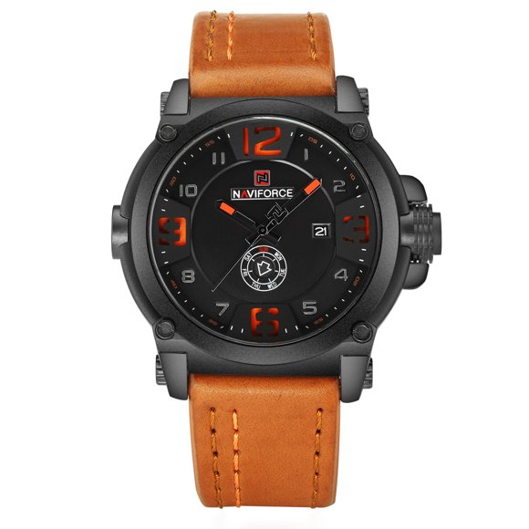 yeacher Vintage Men's Quartz Watch with Date & Week Display, Black Case & Orange Dial, Adjustable PU Leather Strap (NF9099#)