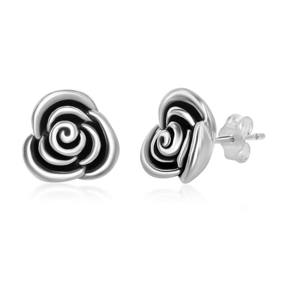 925 Sterling Silver Italian Oxidized 10mm Rose Flower Stud Earrings