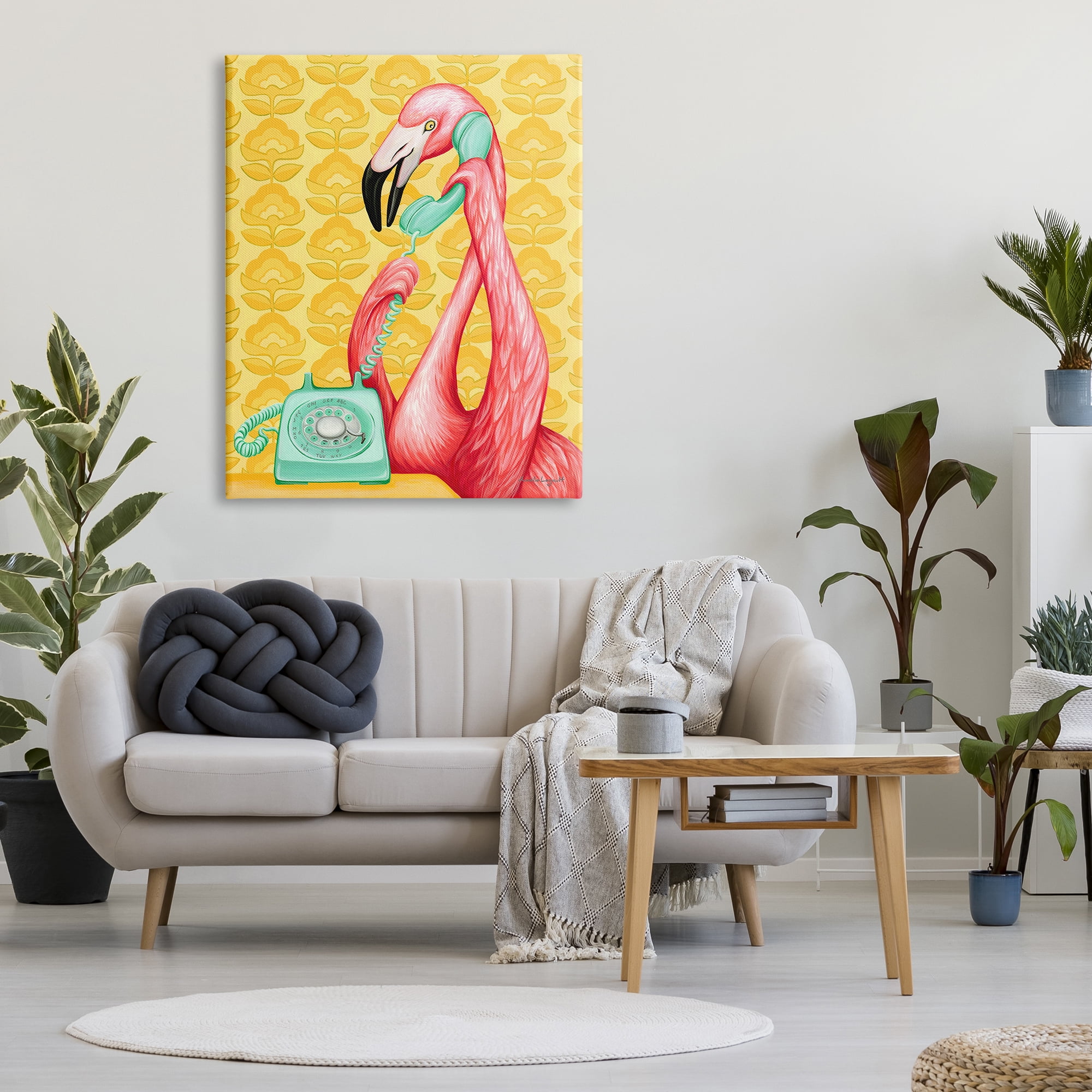 Stupell Industries Flamingo Calling Dial Telephone Groovy Flowers Wallpaper Graphic Art Gallery Wrapped Canvas Print Wall Art, Design by Amelie Legault